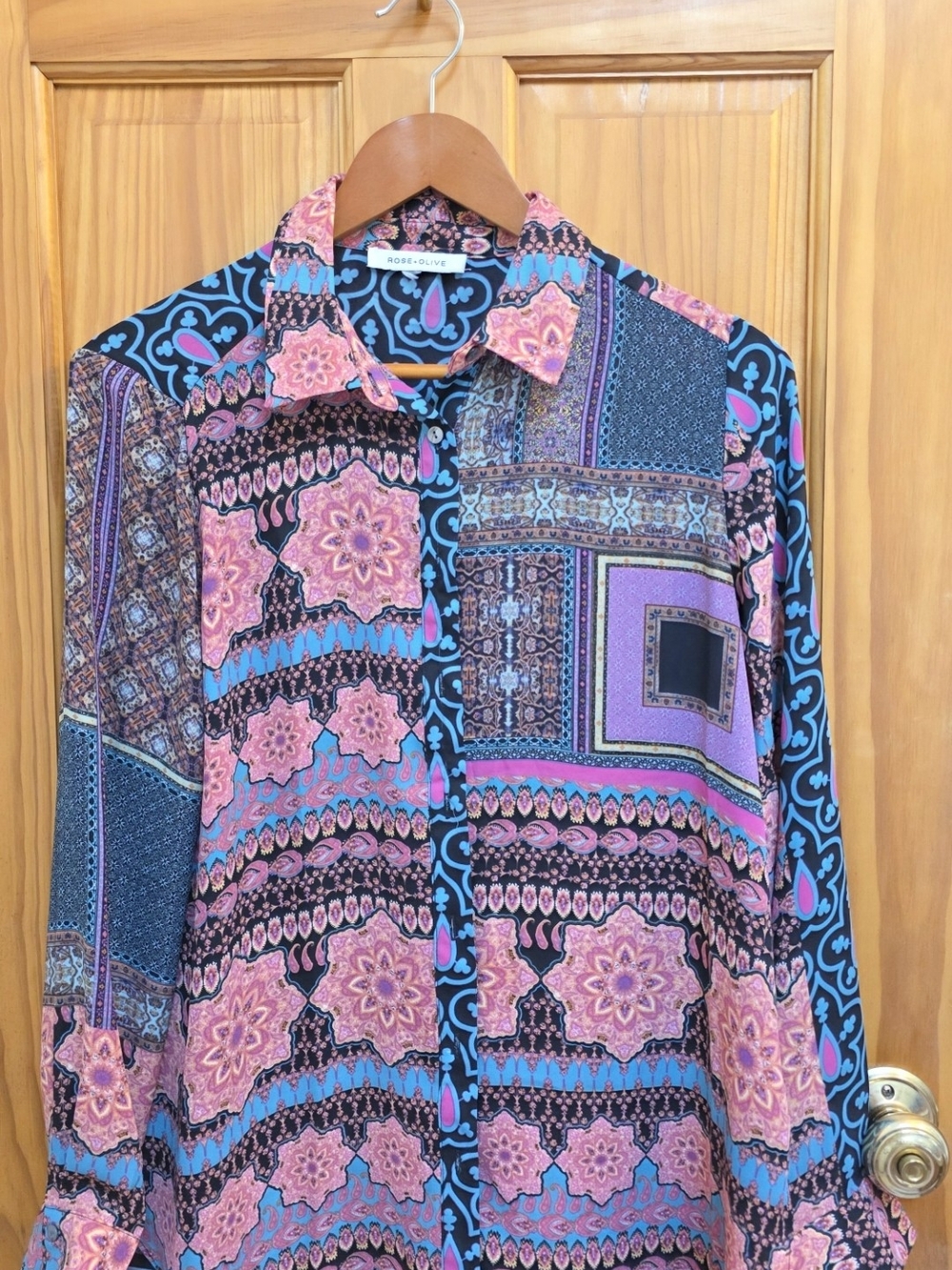Rose & Olive Pink & Blue Patchwork Button-Down Shirt